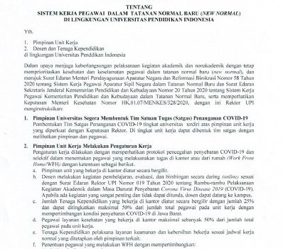 Instruksi Tentang Sistem Kerja Pegawai dalam Tatanan Normal Baru (New Normal) di Lingkungan Universtias Pendidikan Indonesia