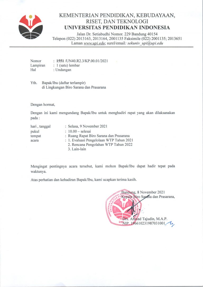 Undangan Rapat Evaluasi Pengelolaa WTP Tahun 2021 dan Rencana Pengolahan WTP Tahun 2022