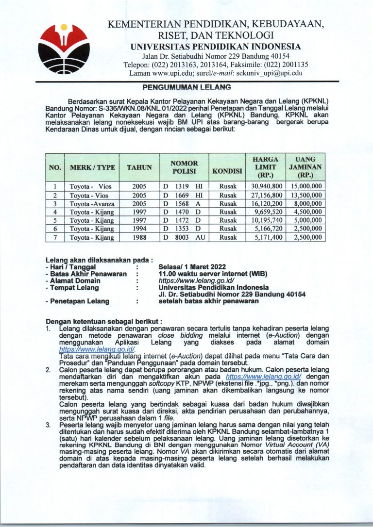 Pengumuman Lelang Barang Milik UPI Berupa Kendaraan Dinas