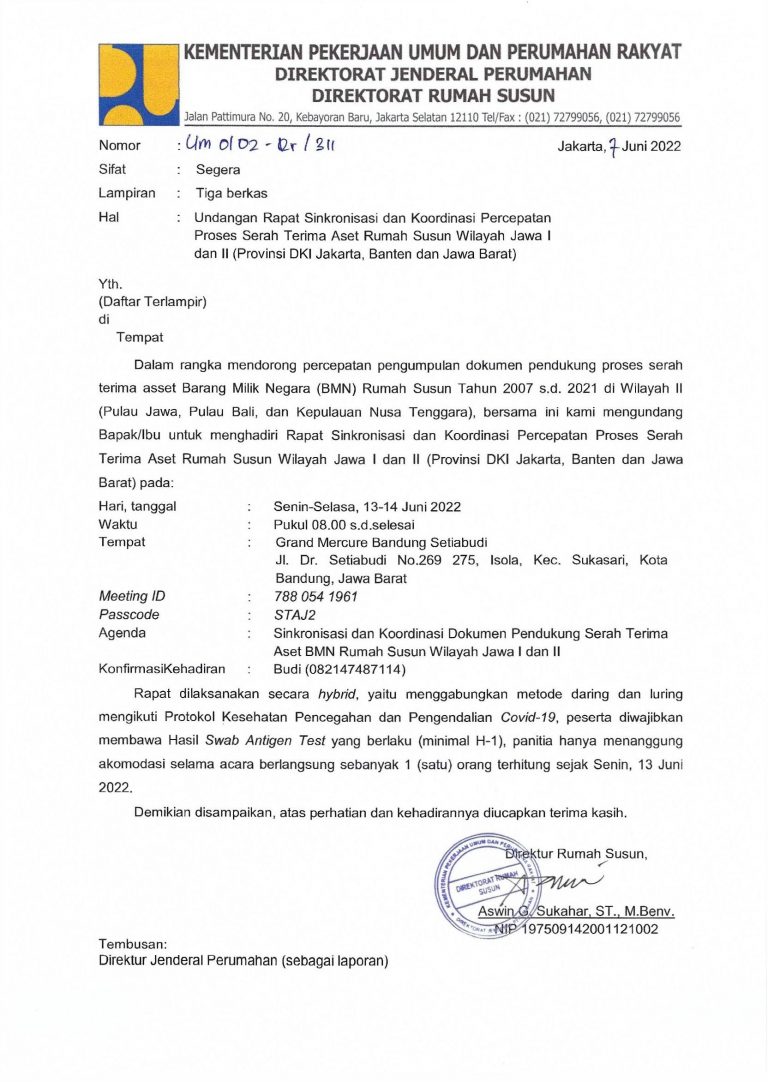 Undangan Rapat Sinkronisasi danKoordinasi Percepatan Proses Serah Terima Aset Rumah Susun Wilayah Jawa I dan II (Provinsi DKI Jakarta, Banten dan Jawa Barat)